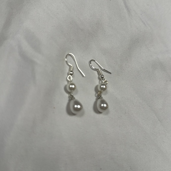 Silver Tone Faux Pearl Drop Earrings - Picture 2 of 3